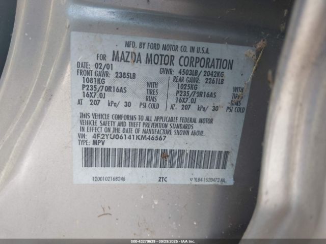2001 MAZDA TRIBUTE 4F2YU06141KM46567 Photo 8