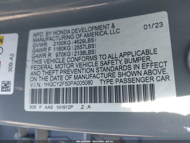 1HGCY2F50PA005080 Honda lfc5