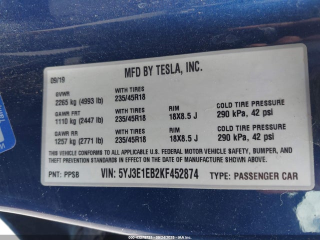 2019 TESLA MODEL 3 5YJ3E1EB2KF452874 Photo 8