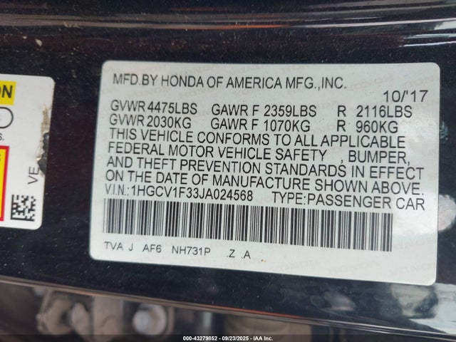 1HGCV1F33JA024568 Honda l15be