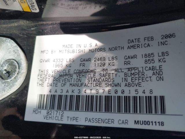 2007 MITSUBISHI ECLIPSE 4A3AK34T97E001548 Photo 8