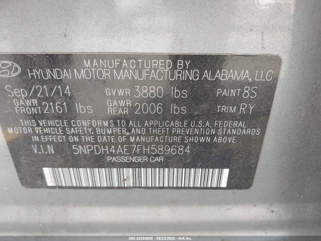 Hyundai dohc mpi nu 2015 5NPDH4AE7FH589684 Image 9