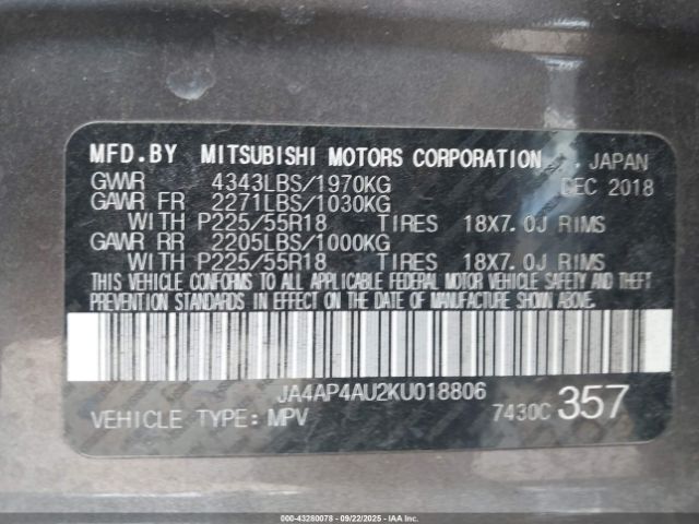 2019 MITSUBISHI OUTLANDER SPORT JA4AP4AU2KU018806 Photo 8