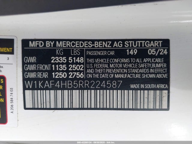 43280124 :رقم المزاد ، W1KAF4HB5RR224587 vin ، 2024 Mercedes-benz C 300 مزاد بيع