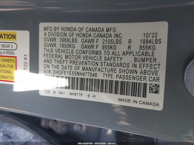 Honda l15ca 2022 2HGFE1E55NH477646 Image 9