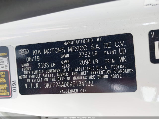 3KPF24AD6KE134132 KIA mpi nu