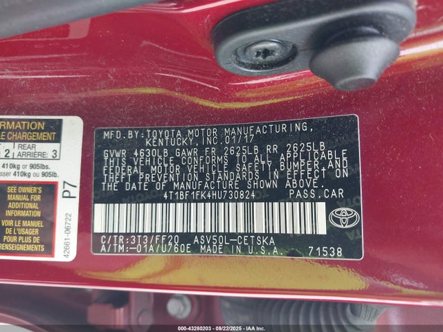 43280203 :رقم المزاد ، 4T1BF1FK4HU730824 vin ، 2017 Toyota Camry Se مزاد بيع