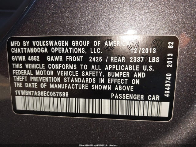 Продаж на аукціоні авто 2014 Volkswagen Passat 2.0l Tdi Se, vin: 1VWBN7A36EC057589, номер лоту: 43280229