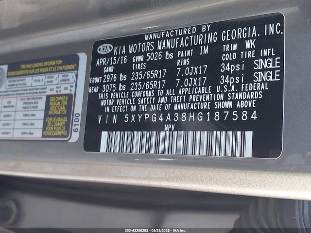 2017 KIA SORENTO 5XYPG4A38HG187584 Photo 8