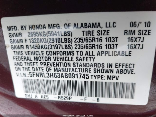 2010 HONDA ODYSSEY 5FNRL3H63AB091745 Photo 8