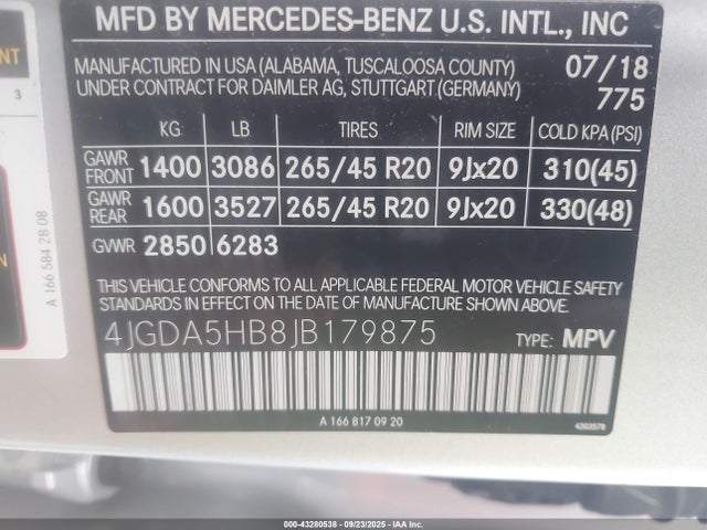 Aukcja sprzedaży 2018 Mercedes-benz Gle 350 4matic, vin: 4JGDA5HB8JB179875, numer aukcji: 43280538