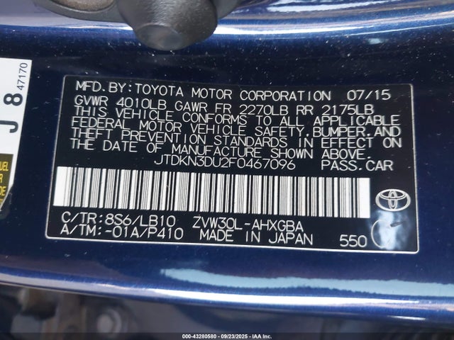 Toyota 2zr-fxe+3jm 2015 JTDKN3DU2F0467096 Image 9
