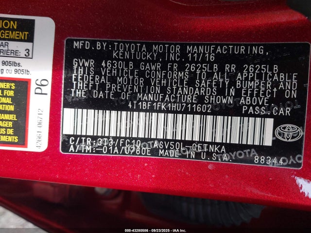 4T1BF1FK1HU711602 Toyota 2ar-fe