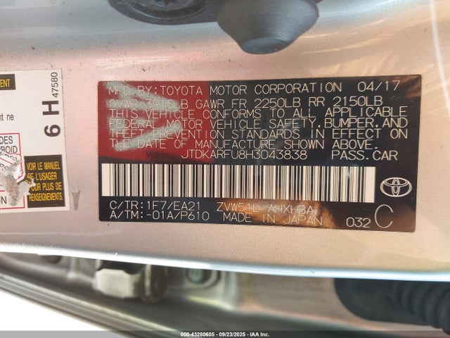 JTDKARFU8H3043838 Toyota 2zr-fxe,1nm