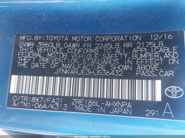 JTNKARJE3HJ536432 Toyota 2zr-fae