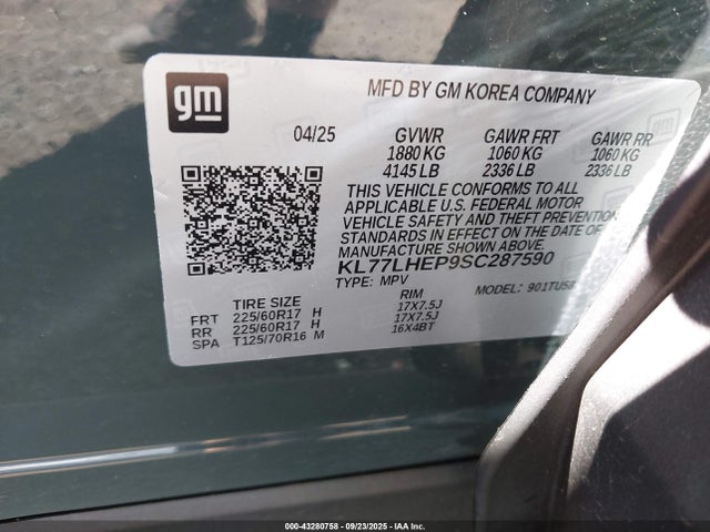KL77LHEP9SC287590 Chevrolet Trax Fwd Lt