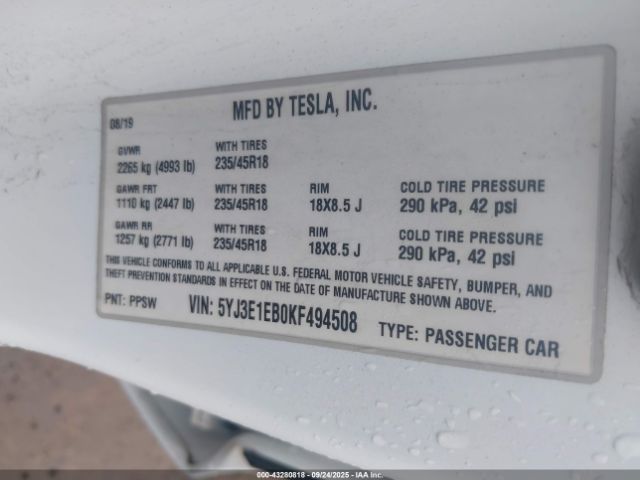 2019 TESLA MODEL 3 5YJ3E1EB0KF494508 Photo 8