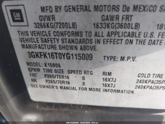 2000 GMC YUKON XL 1500 3GKFK16T0YG115009 Photo 8