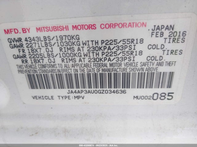 Mitsubishi dohc mivec 2016 JA4AP3AU0GZ034636 Image 9