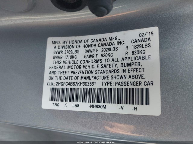 43281013 :رقم المزاد ، 2HGFC4B67KH303531 vin ، 2019 Honda Civic Lx مزاد بيع