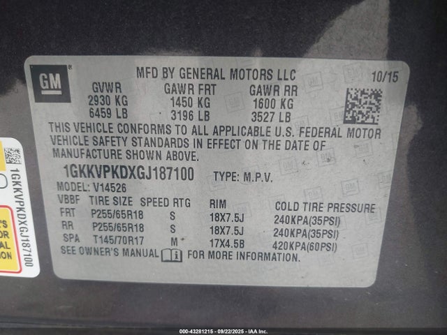 1GKKVPKDXGJ187100 GMC llt - sidi, alum, 60 degrees