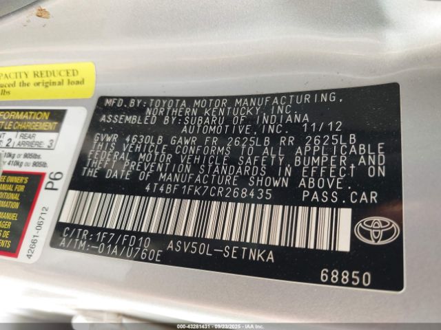 2012 TOYOTA CAMRY 4T4BF1FK7CR268435 Photo 8