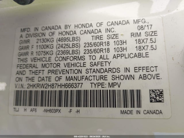 2HKRW2H87HH666377 Honda Cr-v Ex-l/ex-l Navi