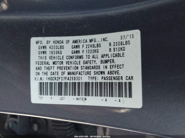 Honda k24w1 2015 1HGCR2F37FA259301 Image 9