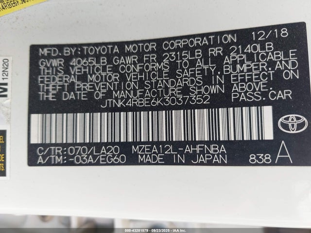 Продажа на аукционе авто 2019 Toyota Corolla Xse, vin: JTNK4RBE6K3037352, номер лота: 43281579