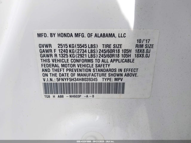 5FNYF5H34HB039345 Honda j35y6