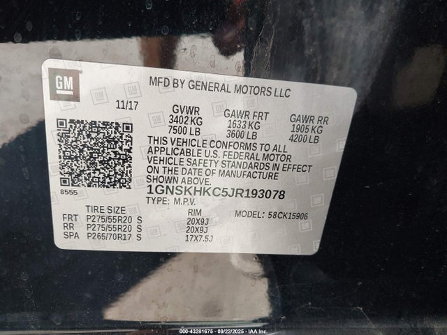 1GNSKHKC5JR193078 Chevrolet l83 - sidi: spark ignited direct injection, vvt: variable valve timing, afm, e85 max, alum