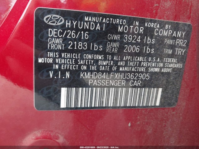 KMHD84LFXHU362905 Hyundai Elantra
