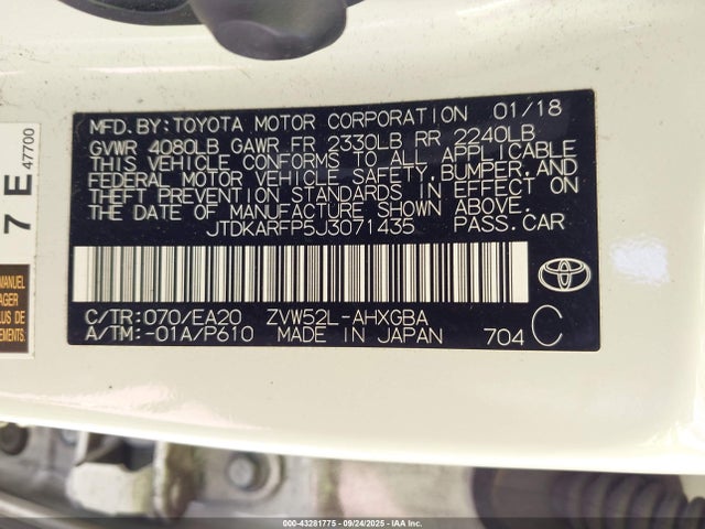 Toyota 2zr-fxe+1nm 2018 JTDKARFP5J3071435 Image 9
