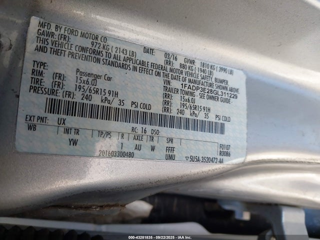 43281835 :رقم المزاد ، 1FADP3E28GL311229 vin ، 2016 Ford Focus S مزاد بيع