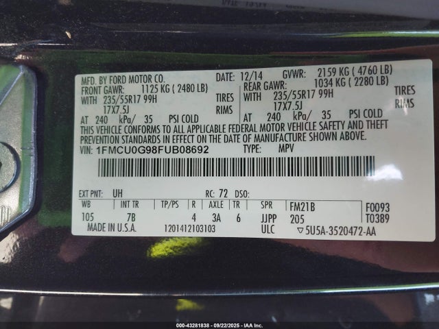 Ford Escape 2015 1FMCU0G98FUB08692 Image 9