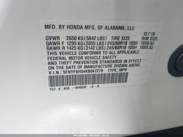 5FNYF6H54KB047279 Honda j35y6