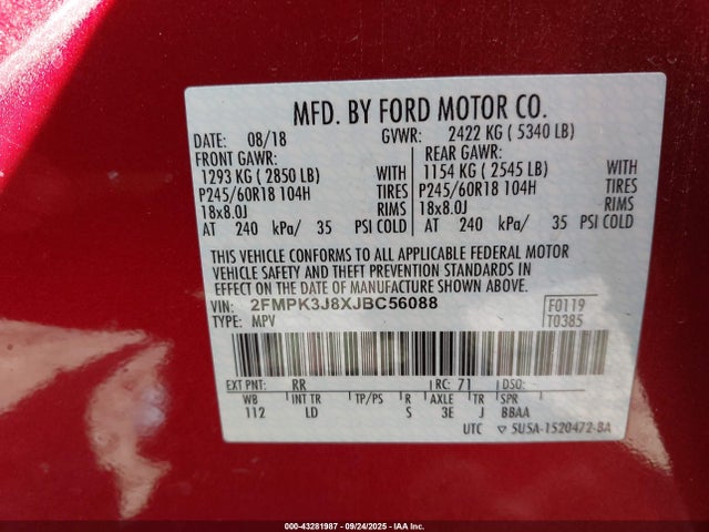 Ford Edge 2018 2FMPK3J8XJBC56088 Image 9