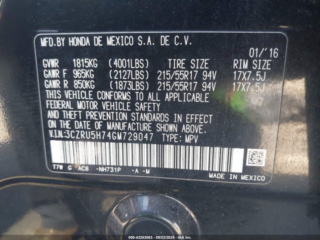 3CZRU5H74GM729047 Honda r18z9