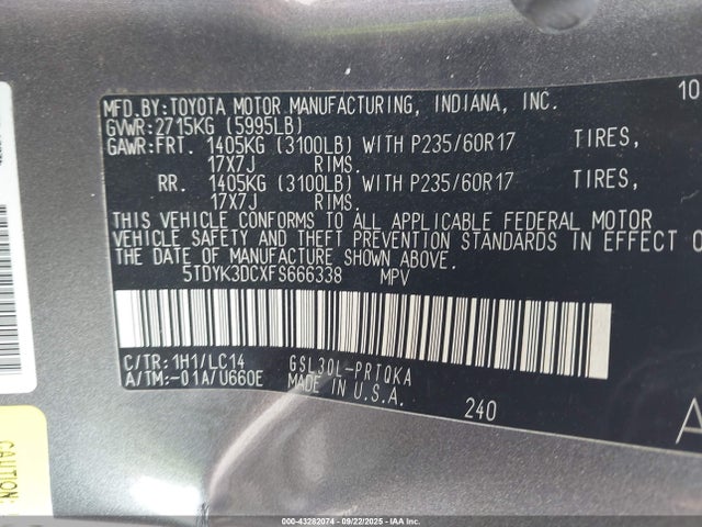 5TDYK3DCXFS666338 Toyota 2gr-fks