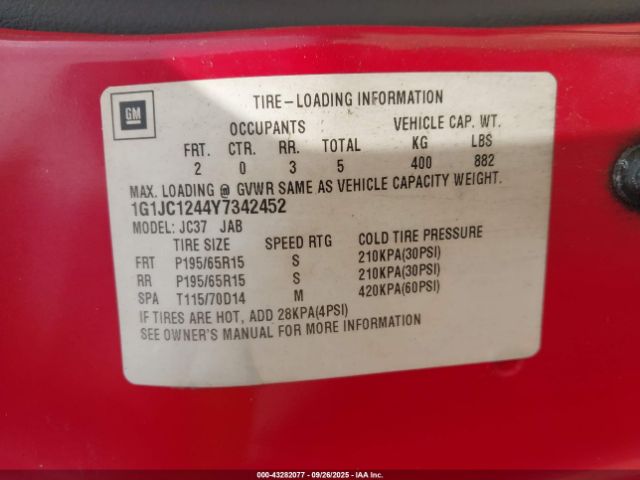 2000 CHEVROLET CAVALIER 1G1JC1244Y7342452 Photo 8