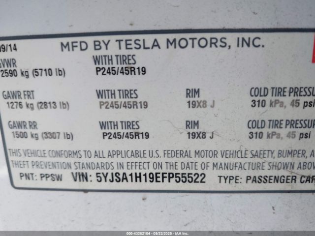 2014 TESLA MODEL S 5YJSA1H19EFP55522 Photo 8