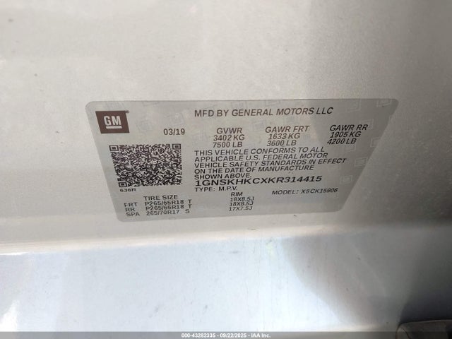 1GNSKHKCXKR314415 Chevrolet l83 - sidi: spark ignited direct injection, vvt: variable valve timing, afm, e85 max, alum