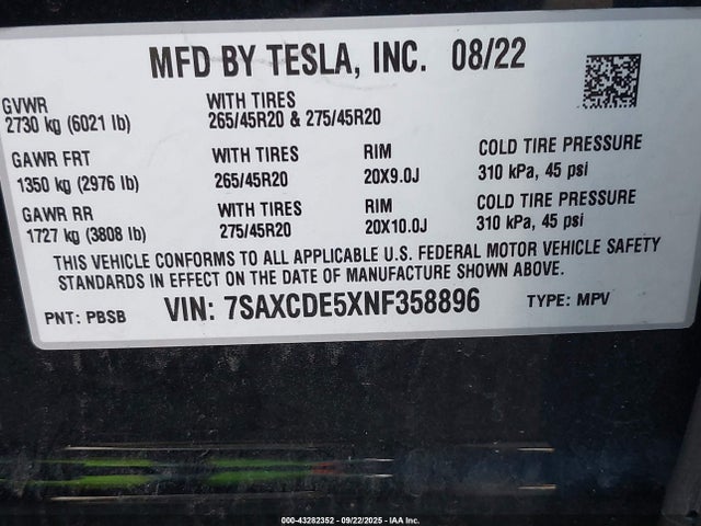 2022 TESLA MODEL X 7SAXCDE5XNF358896 Photo 8