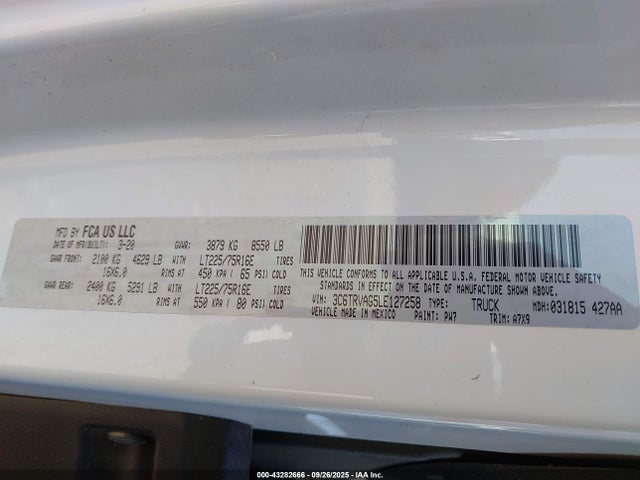 43282666 :رقم المزاد ، 3C6TRVAG5LE127258 vin ، 2020 Ram Promaster 1500 Low Roof 136 Wb مزاد بيع