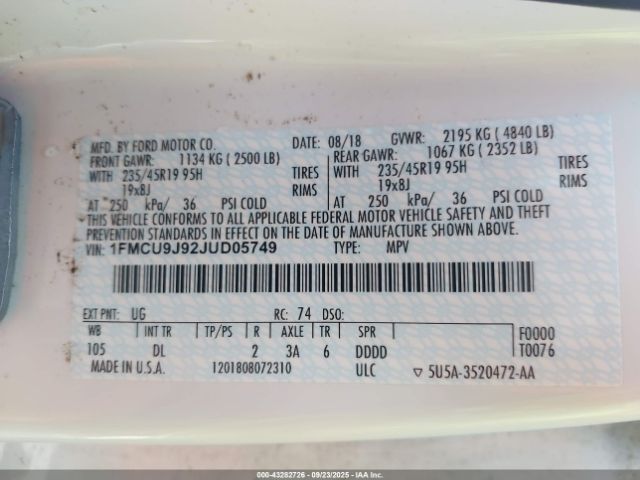 2018 FORD ESCAPE 1FMCU9J92JUD05749 Photo 8