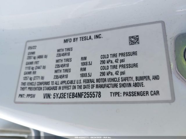 2022 TESLA MODEL 3 5YJ3E1EB4NF255578 Photo 8