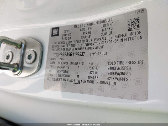 1GCHSBEA9G1192937 Chevrolet lcv - sidi; dcvcp; vvt; e85 max, e0-e100, alum