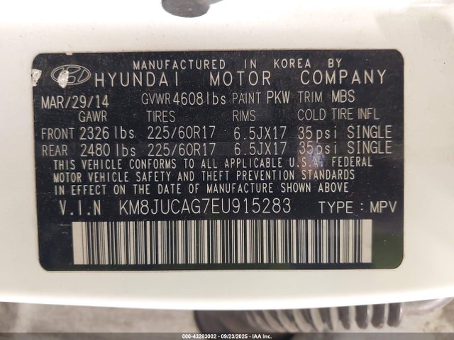 KM8JUCAG7EU915283 Hyundai gdi theta ii