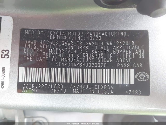 Toyota a25a-fxs 2021 4T1K31AK6MU020320 Image 9