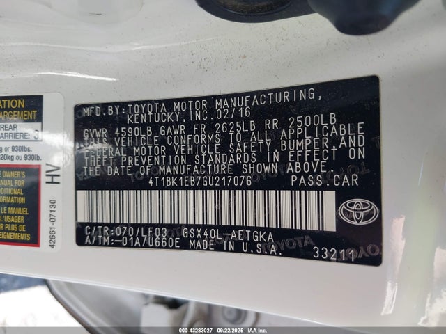 4T1BK1EB7GU217076 Toyota 2gr-fe